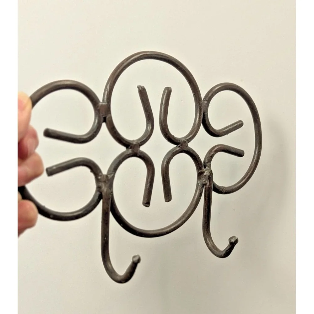 Vintage Hand Forged Wrought Iron Scrollwork Wall Rack 2 Hooks Rustic 8in